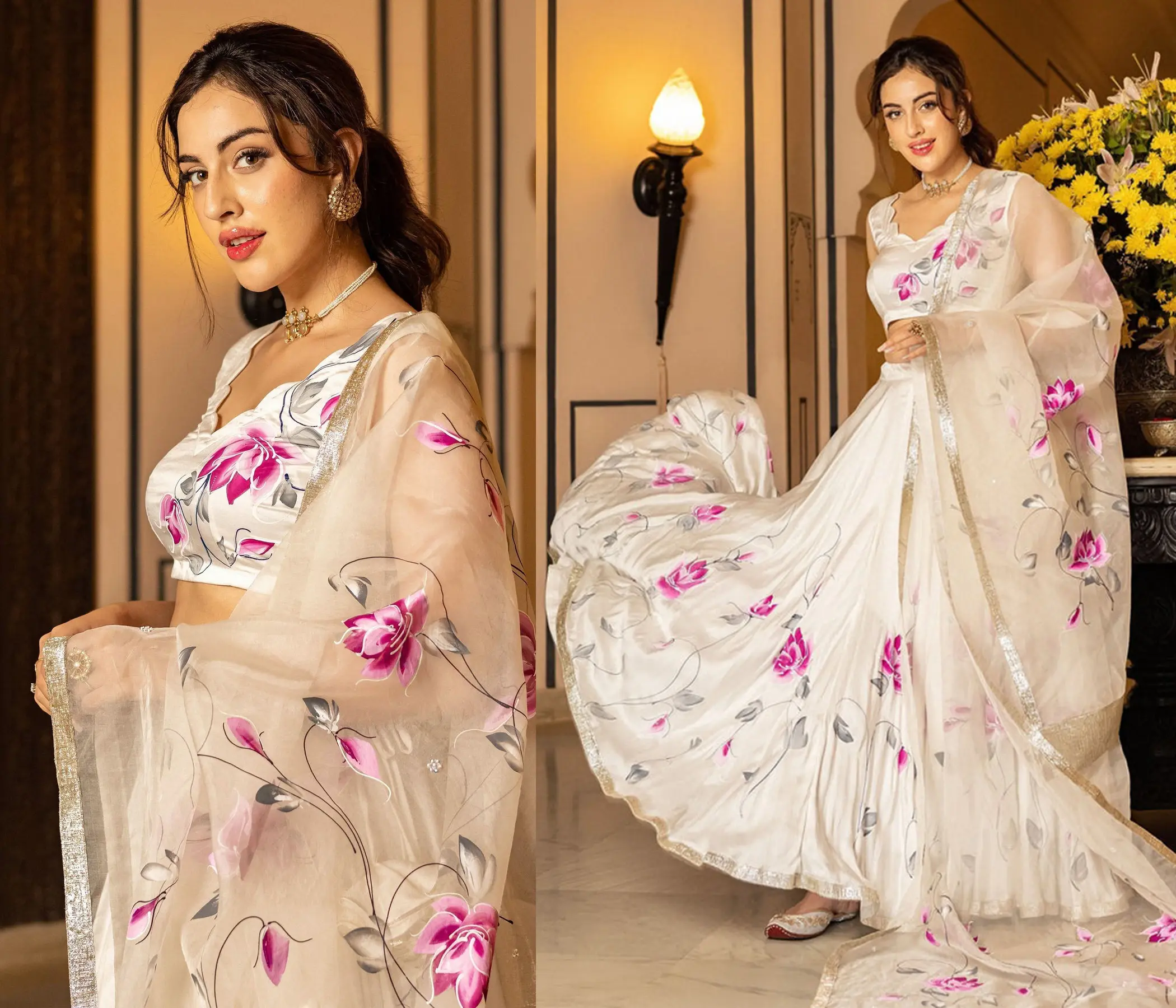 Hand Painted Ivory Floral Lehenga Set for Women | Designer Artisan Lehenga